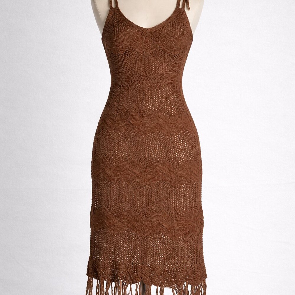 Windsor Brown Crochet Fringe Dress Size M Boho Festival Beach Cover Up Y2K VTG